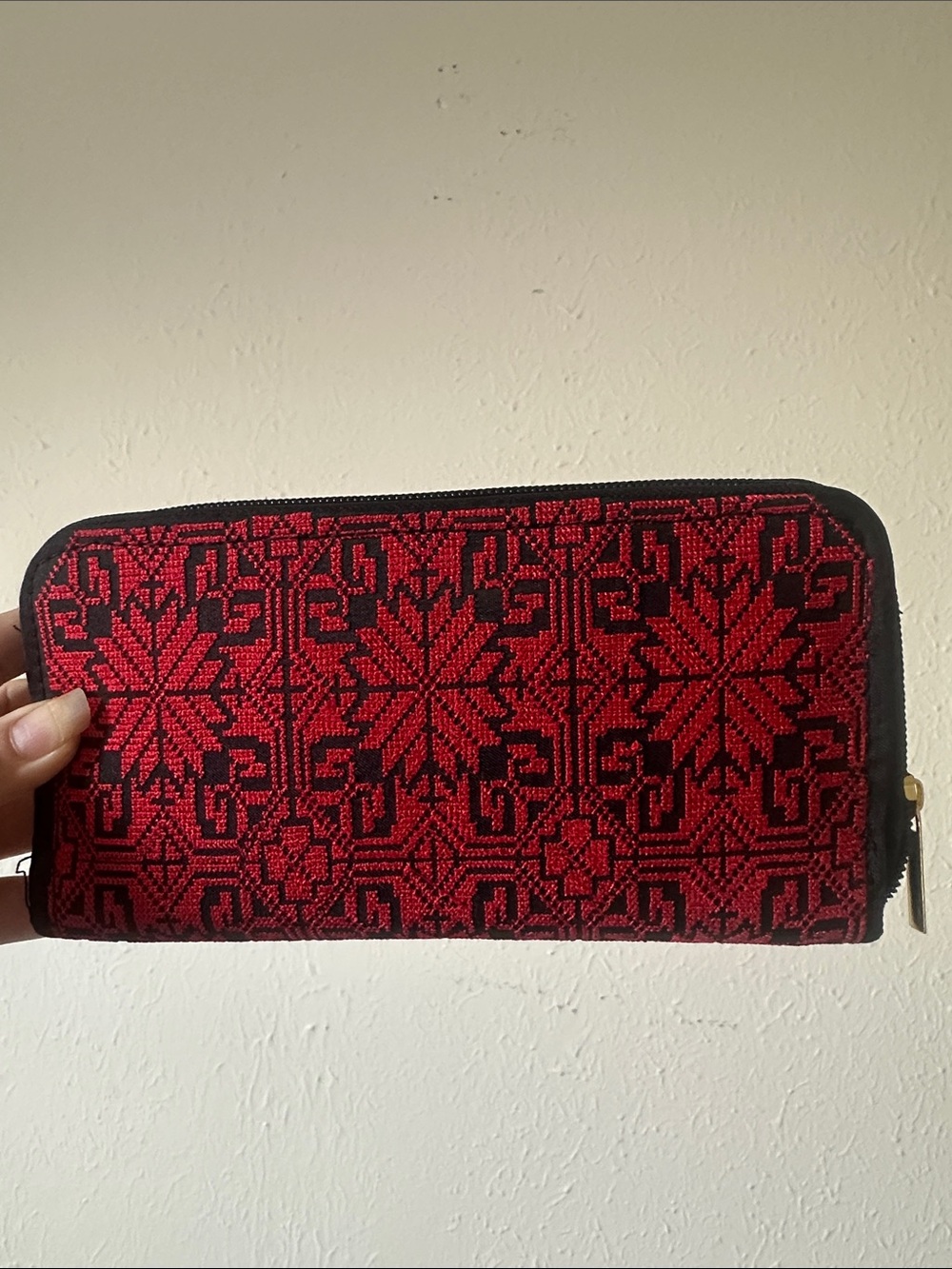 Red and Black Embroidered Zip Wallet